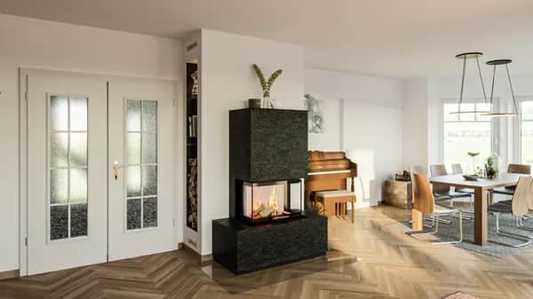Moderne Eleganz und Gemütlichkeit: Freistehender Kamin in stilvollem Wohnambiente
