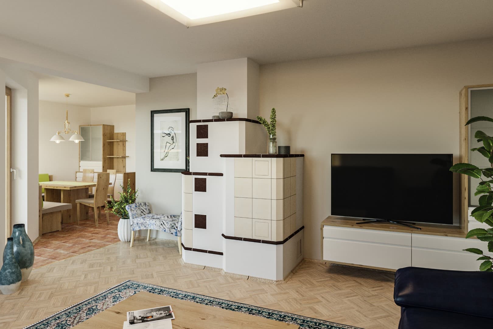 Klassischer Kachelofen mit modernem Design