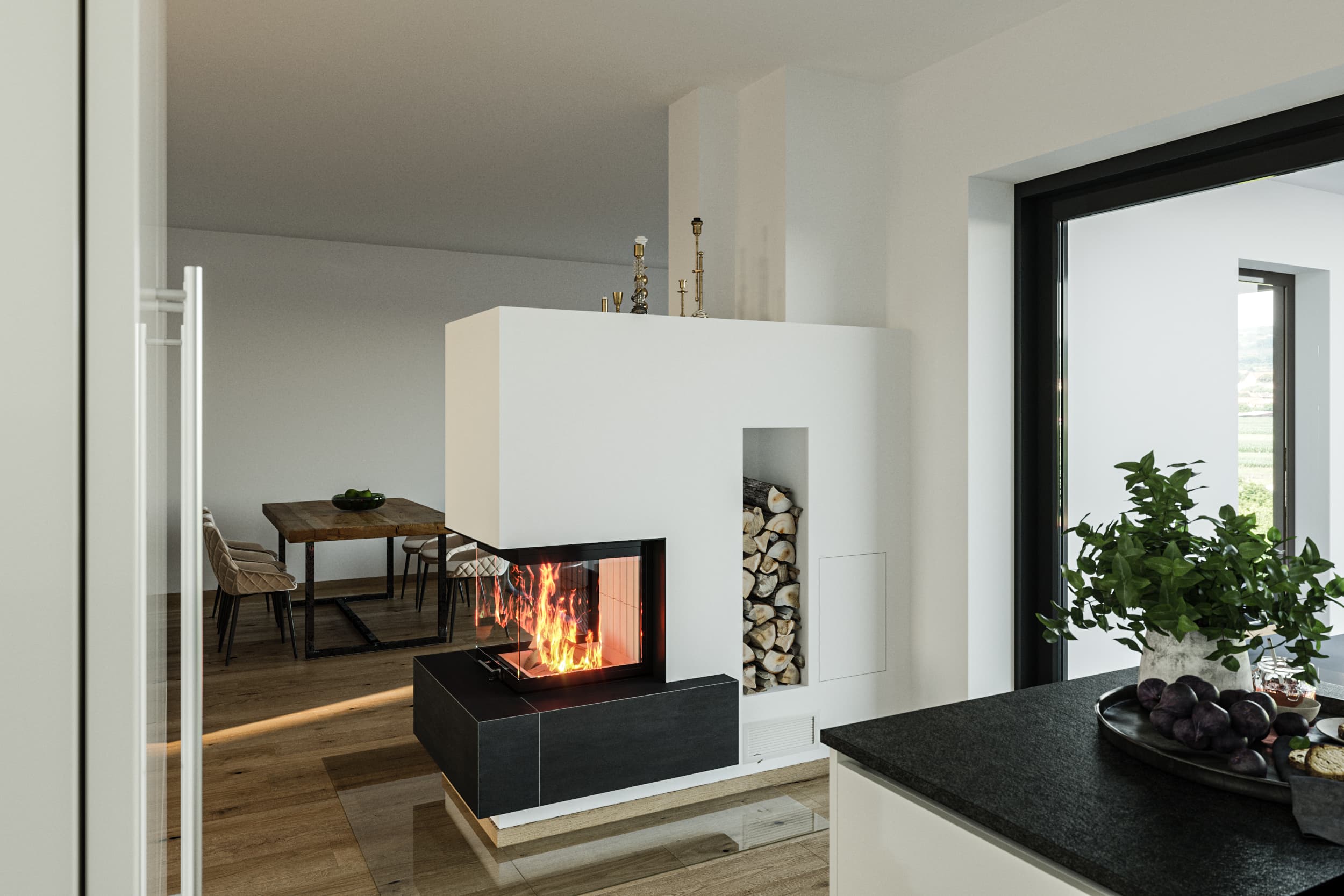 Design-Highlight: Moderner Eckkamin mit Holzspeicherfach für stilvolle Wärme