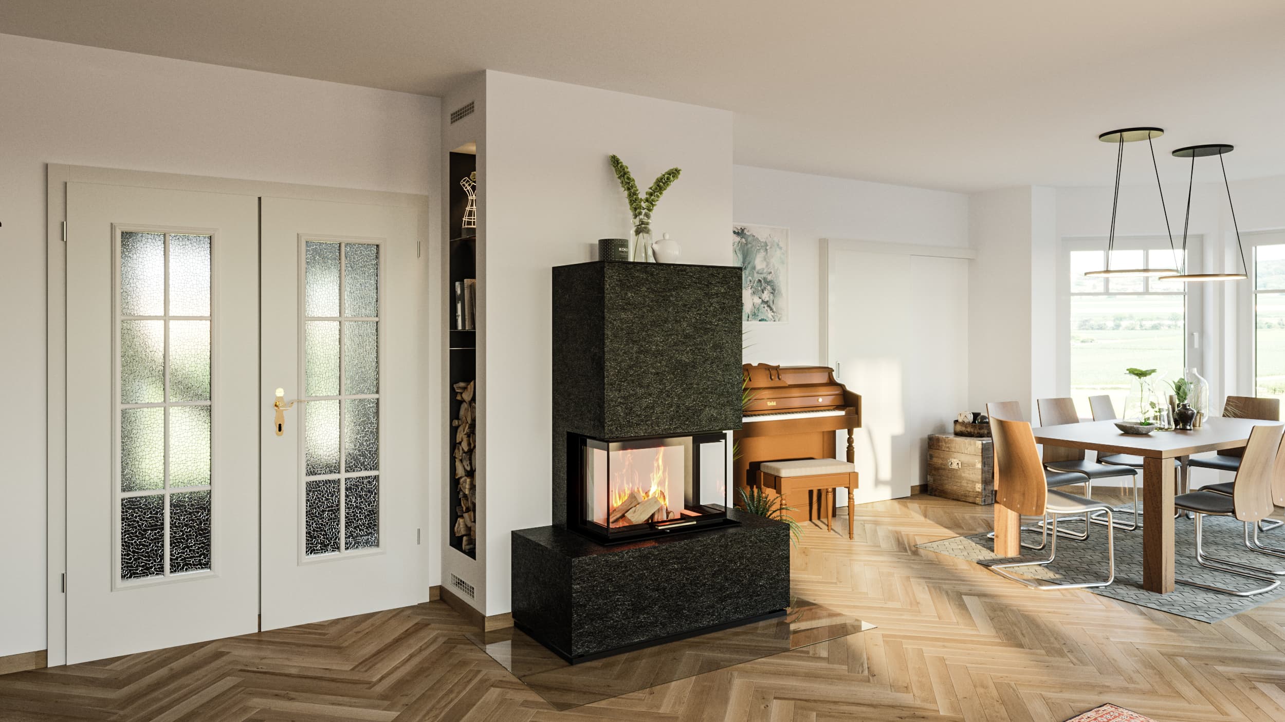 Moderne Eleganz und Gemütlichkeit: Freistehender Kamin in stilvollem Wohnambiente