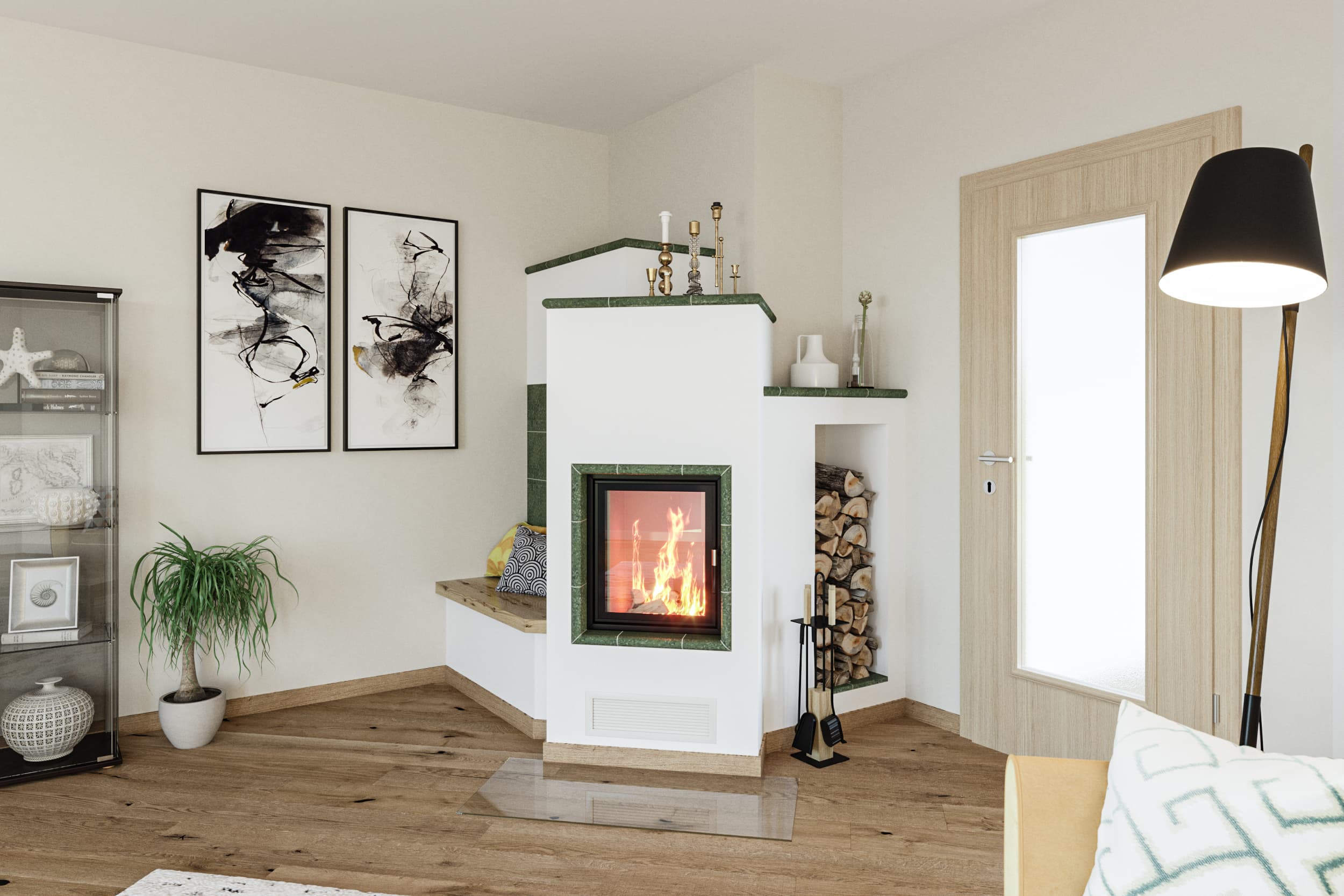 Unser modern interpretierter Kachelofen, gekrönt mit einer praktischen Sitzbank, kombiniert traditionelle Wärme mit zeitgenössischem Design. Genießen Sie die einzigartige Kombination aus Komfort und Funktionalität, die dieser Kaminofen in Ihren Wohnraum b