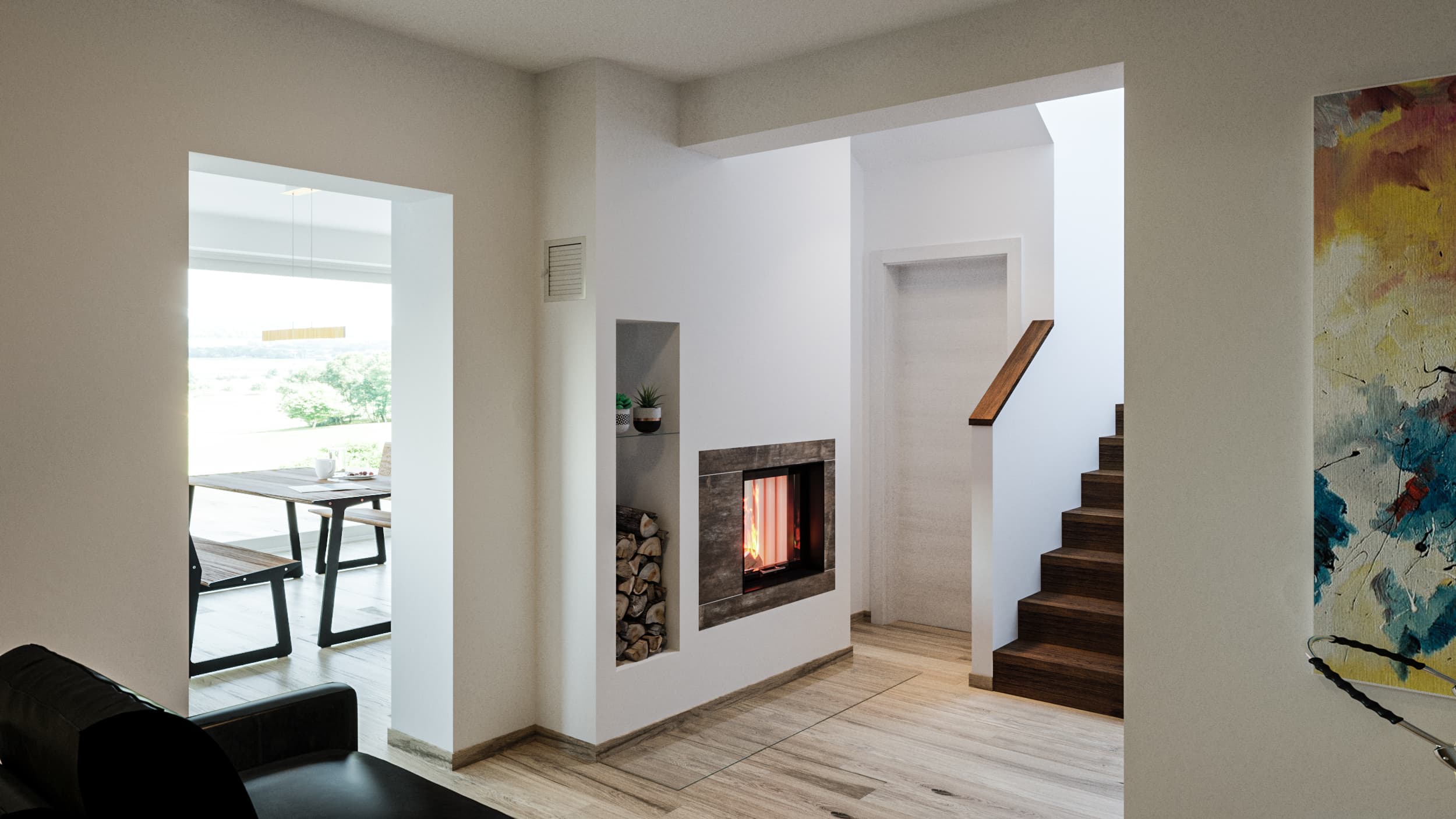 Stilvolle Wärme: Moderner Kaminofen mit Holzspeicher für ein behagliches Zuhause